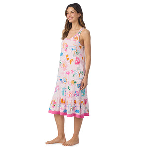  A lady wearing Cotton-Blend Sleeveless Sleep Midi-Gown in Pink Summer Scene posing side angle view pose