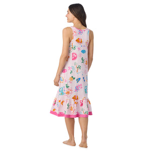  A lady wearing Cotton-Blend Sleeveless Sleep Midi-Gown in Pink Summer Scene posing back view pose
