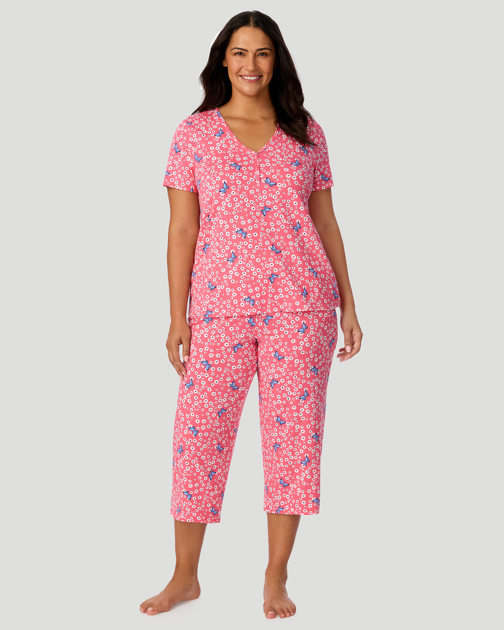 Cotton-Blend Short Sleeve Top With Cropped Pant Pajama Set PLUS