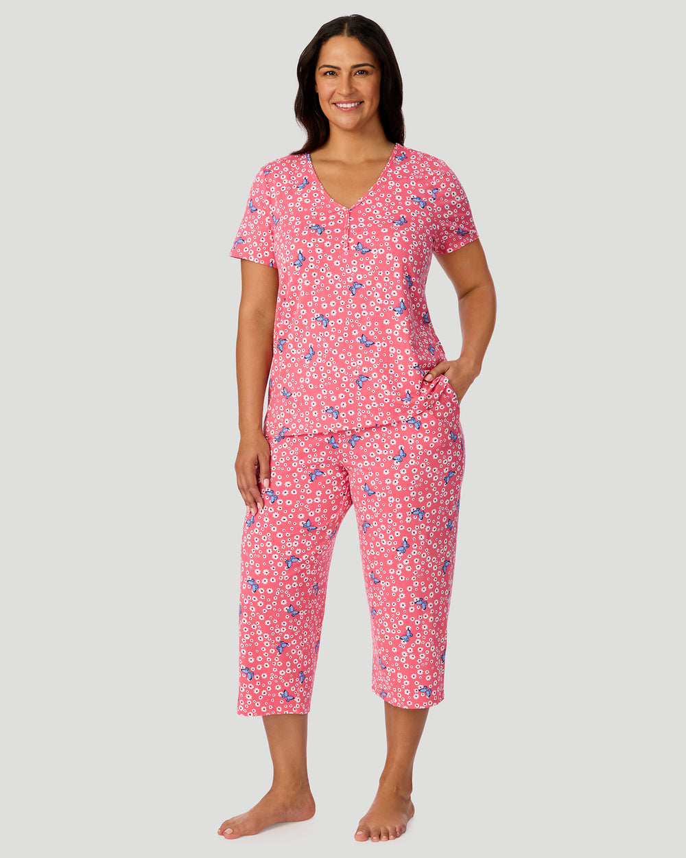 Cotton-Blend Short Sleeve Top With Cropped Pant Pajama Set PLUS
