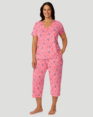 Cotton-Blend Short Sleeve Top With Cropped Pant Pajama Set PLUS