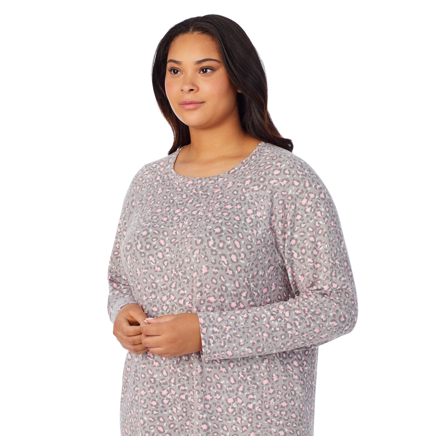 Grey Pink Animal;Model is wearing size 1X. She is 5'10", Bust 40", Waist 33", Hips 47"@A lady wearing grey pink animal long sleeve brushed sweater knit plus sleepshirt.