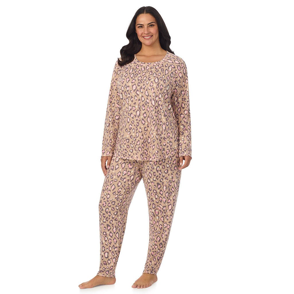 A lady wearing Natural Animal Brushed Sweater Knit Long Sleeve Pajama Set PLUS