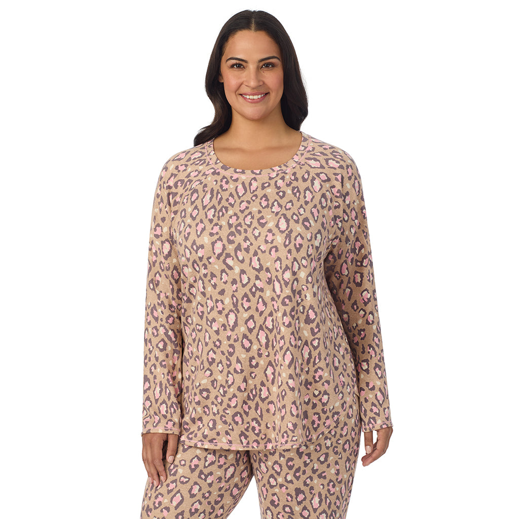 A lady wearing Natural Animal Brushed Sweater Knit Long Sleeve Pajama Set PLUS