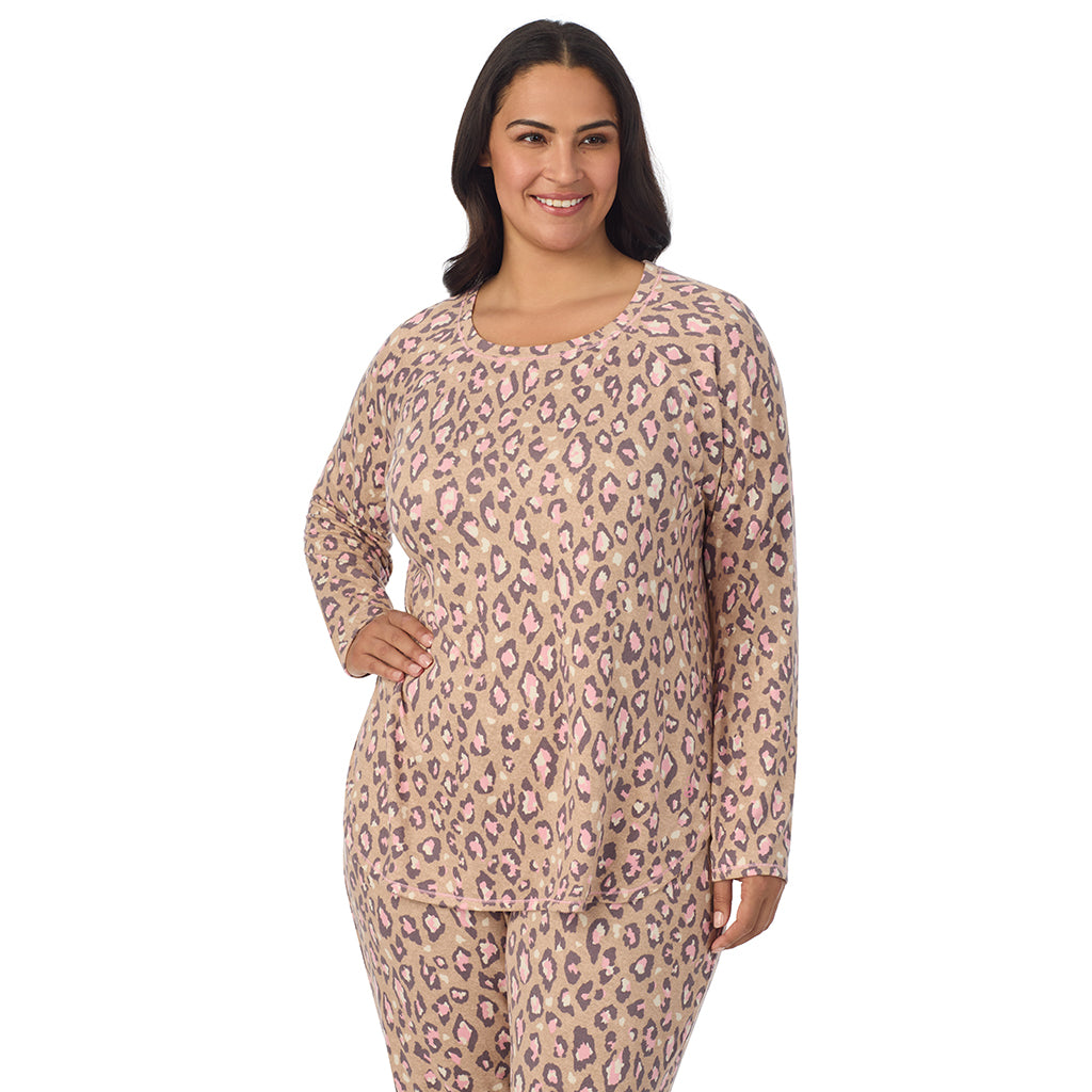 A lady wearing Natural Animal Brushed Sweater Knit Long Sleeve Pajama Set PLUS