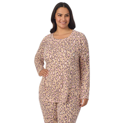 Natural Animal;Model is wearing size 1X. She is 5'10", Bust 40", Waist 33", Hips 47".@A lady wearing Natural Animal Brushed Sweater Knit Long Sleeve Pajama Set PLUS