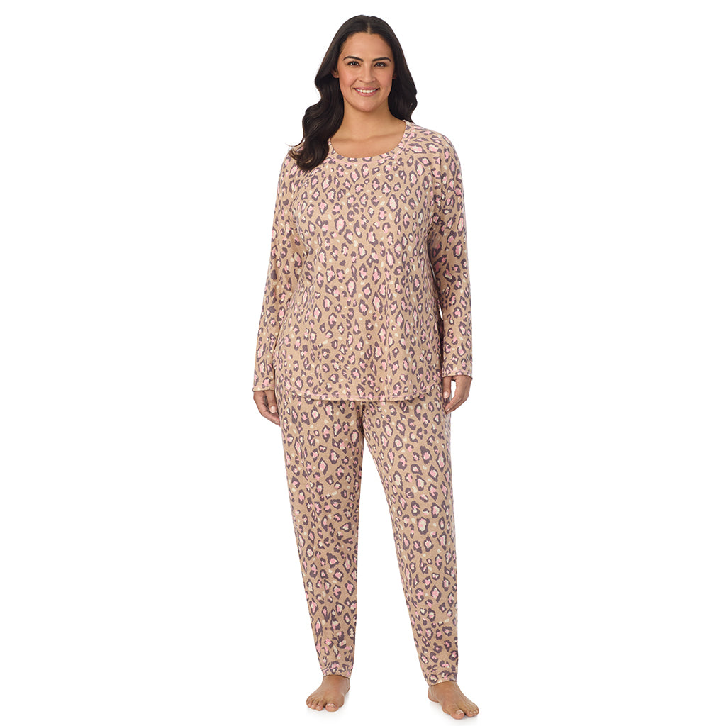 A lady wearing Natural Animal Brushed Sweater Knit Long Sleeve Pajama Set PLUS