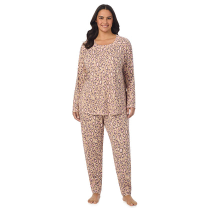 Natural Animal;Model is wearing size 1X. She is 5'10", Bust 40", Waist 33", Hips 47".@A lady wearing Natural Animal Brushed Sweater Knit Long Sleeve Pajama Set PLUS