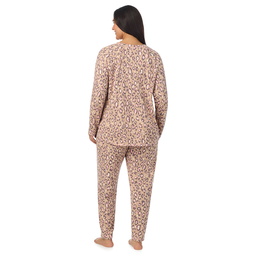 A lady wearing Natural Animal Brushed Sweater Knit Long Sleeve Pajama Set PLUS