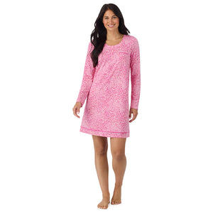 A lady wearing Cotton-Blend Long Sleeve Sleep Shirt in Pink Animal