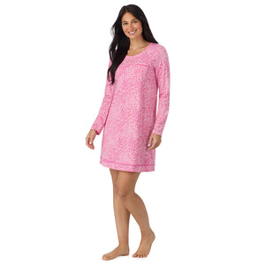 A lady wearing Cotton-Blend Long Sleeve Sleep Shirt in Pink Animal looking front