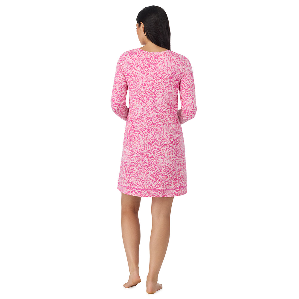 A lady wearing Cotton-Blend Long Sleeve Sleep Shirt in Pink Animal back view