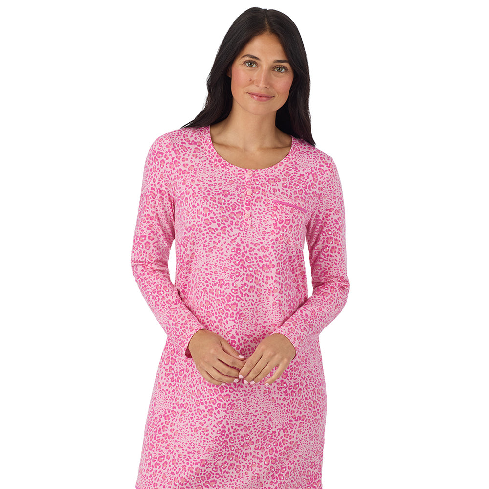 A lady wearing Cotton-Blend Long Sleeve Sleep Shirt in Pink Animal closer look