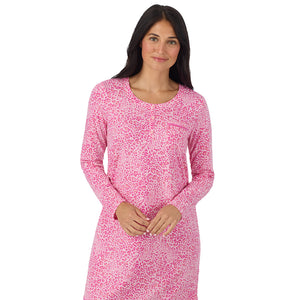 A lady wearing Cotton-Blend Long Sleeve Sleep Shirt in Pink Animal closer look