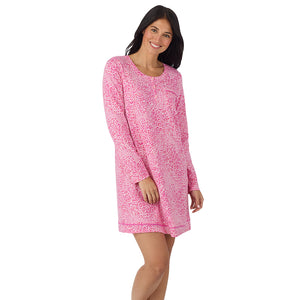 A lady wearing Cotton-Blend Long Sleeve Sleep Shirt in Pink Animal closer look