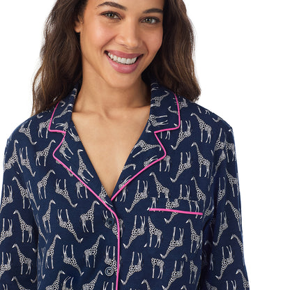 Giraffe;Model is wearing size S. She is 5’9”, Bust 34”, Waist 23”, Hips 35”.@A lady wearing Giraffe Cotton-Blend Long Sleeve Notch Collar 2-Pc Pajama Set