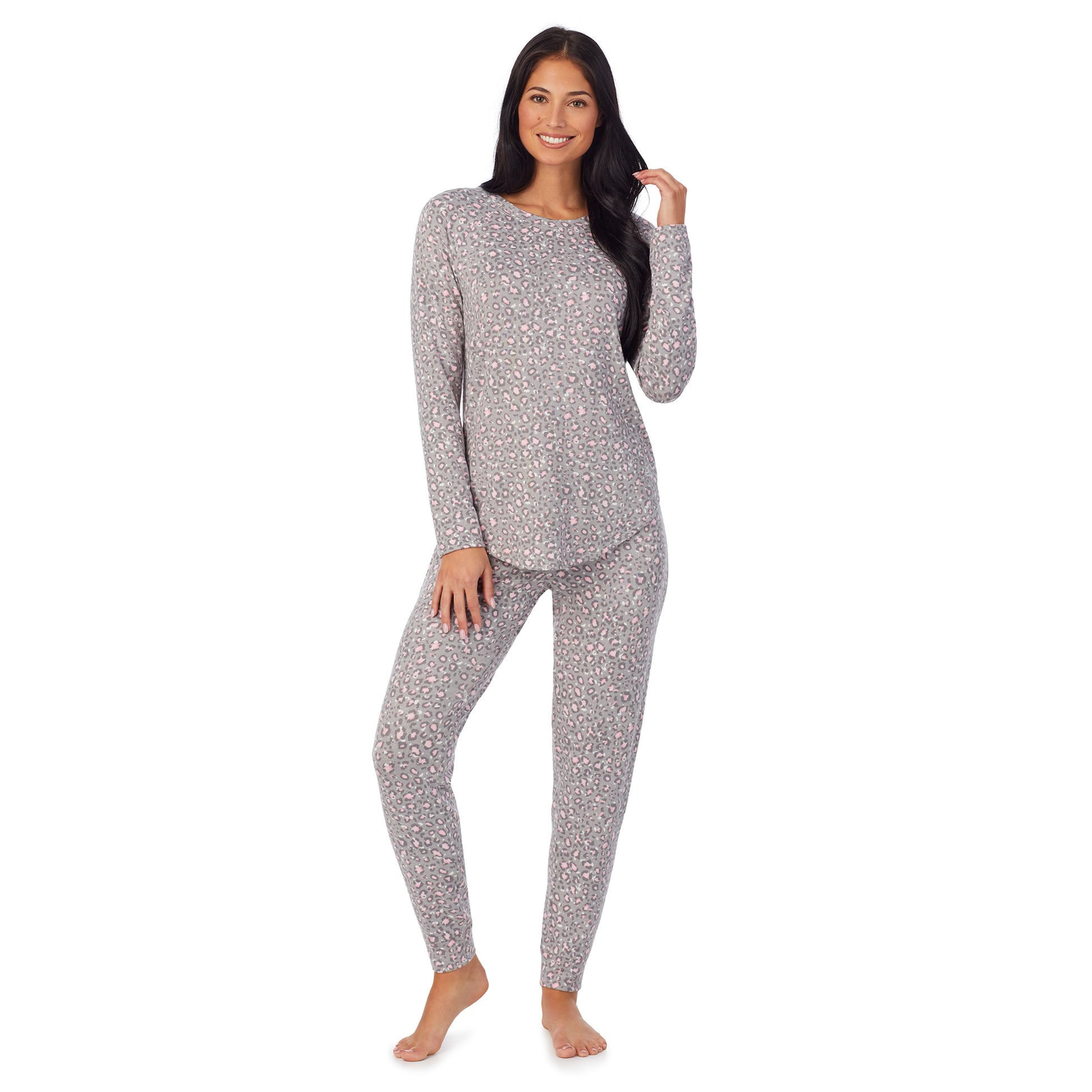 A lady wearing Brushed Sweater Knit Long Sleeve Pajama Set with grey animal print