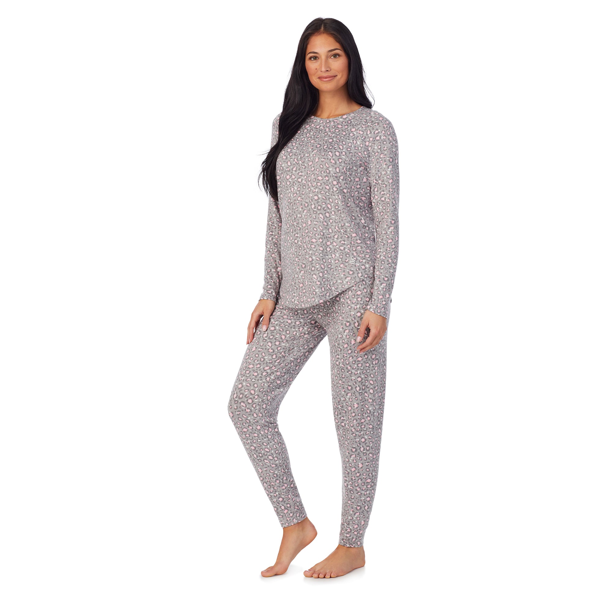 A lady wearing Brushed Sweater Knit Long Sleeve Pajama Set with grey animal print