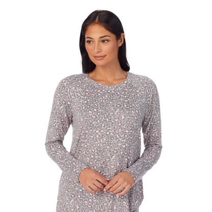 Grey Pink Animal; Model is wearing size S. She is 5'8.5", Bust 32", Waist 25", Hips 36". @A lady wearing Brushed Sweater Knit Long Sleeve Pajama Set with grey animal print