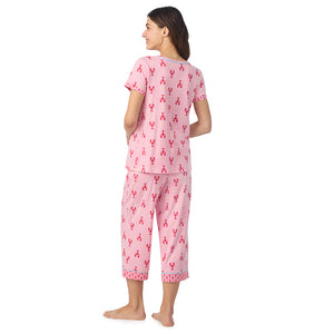  A lady wearing Cotton-Blend Short Sleeve Top and Cropped Pant Pajama Set in Lobster posing back view pose