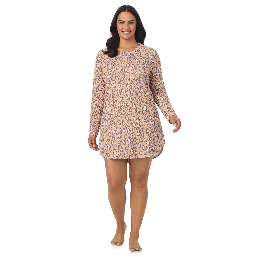 Natural Animal;Model is wearing size 1X. She is 5'10", Bust 40", Waist 33", Hips 47".@A lady wearing Natural Animal Brushed Sweater Knit Long Sleeve Sleepshirt PLUS