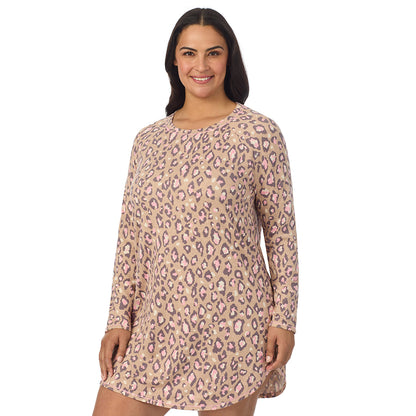 Natural Animal;Model is wearing size 1X. She is 5'10", Bust 40", Waist 33", Hips 47".@A lady wearing Natural Animal Brushed Sweater Knit Long Sleeve Sleepshirt PLUS