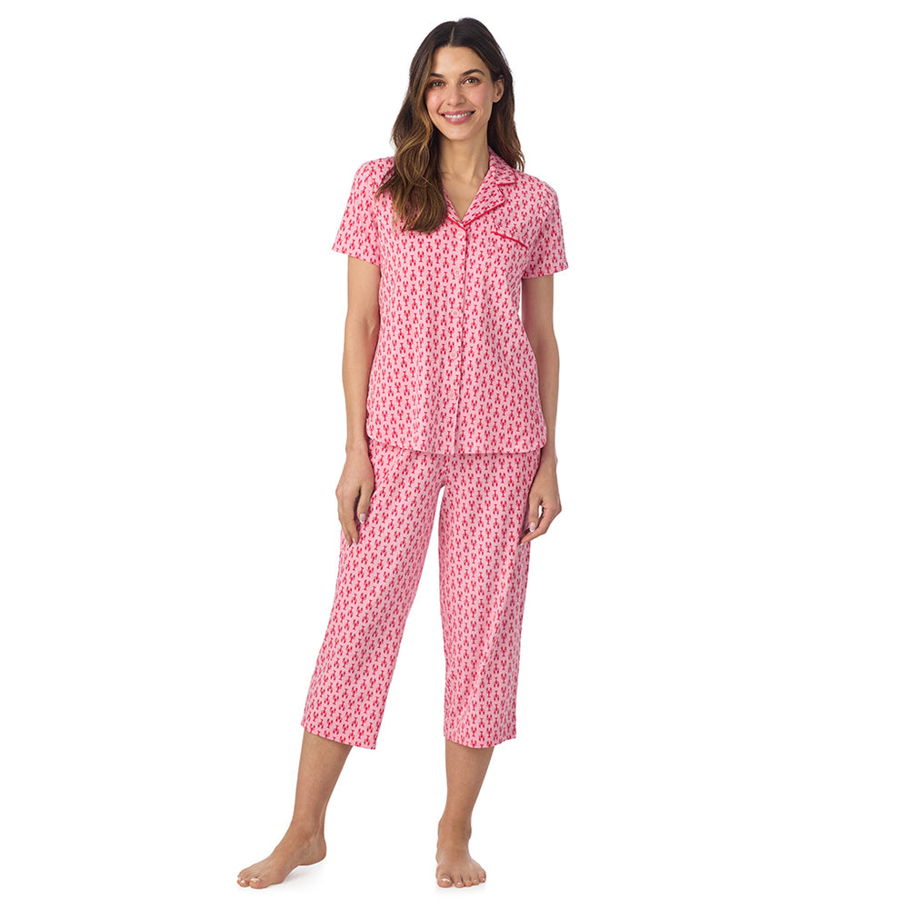 A lady wearing Cotton-Blend Short Sleeve Notch Collar with Cropped Pant Pajama Set in Mini Lobster posing front view pose