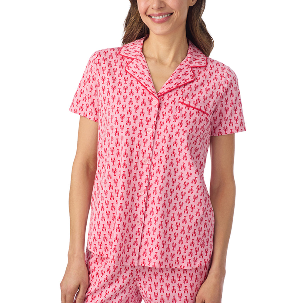 A lady wearing Cotton-Blend Short Sleeve Notch Collar with Cropped Pant Pajama Set in Mini Lobster posing close up view pose