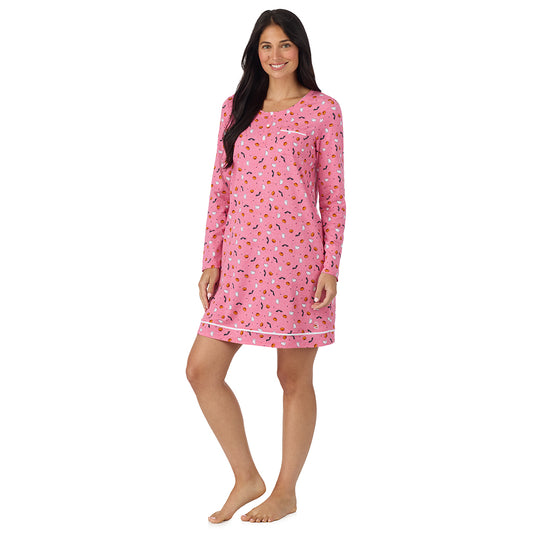 A lady wearing Cotton-Blend Long Sleeve Sleep Shirt Halloween Pink