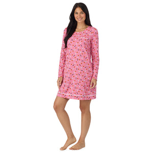 A lady wearing Cotton-Blend Long Sleeve Sleep Shirt in Halloween Pink