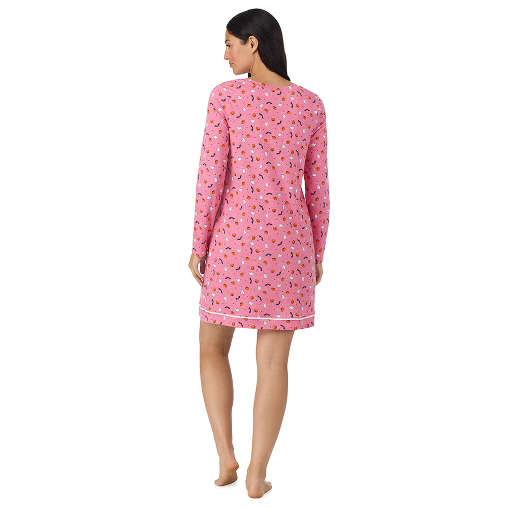 A lady wearing Cotton-Blend Long Sleeve Sleep Shirt in Halloween Pink back view