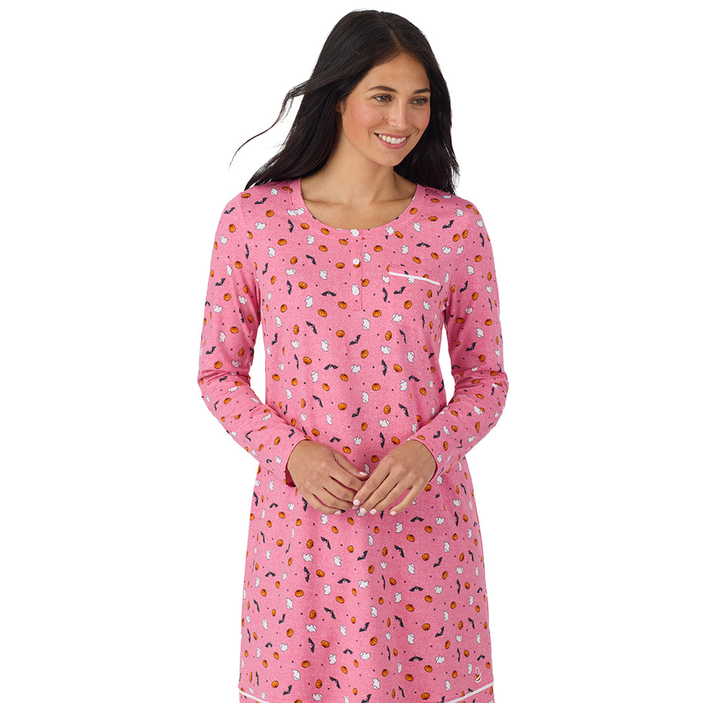 A lady wearing Cotton-Blend Long Sleeve Sleep Shirt in Halloween Pink closer look
