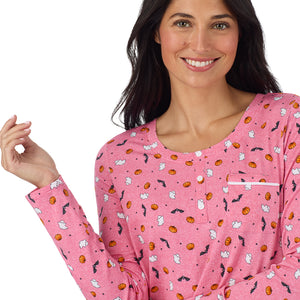 A lady wearing Cotton-Blend Long Sleeve Sleep Shirt in Halloween Pink closer look at neck