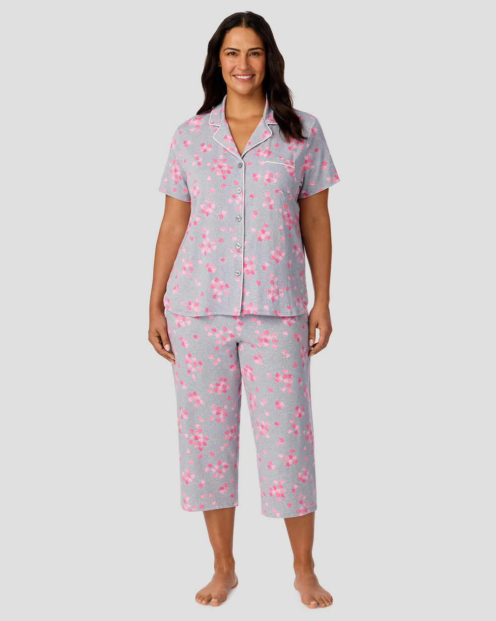 Cotton-Blend Short Sleeve Notch Collar With Cropped Pant Pajama Set PLUS
