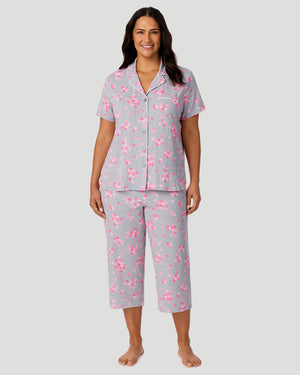 Cotton-Blend Short Sleeve Notch Collar With Cropped Pant Pajama Set PLUS