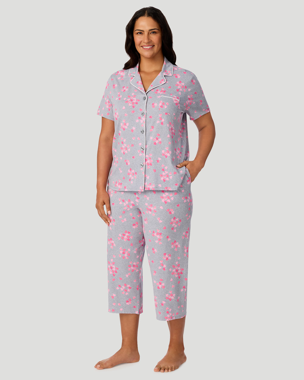 Cotton-Blend Short Sleeve Notch Collar With Cropped Pant Pajama Set PLUS