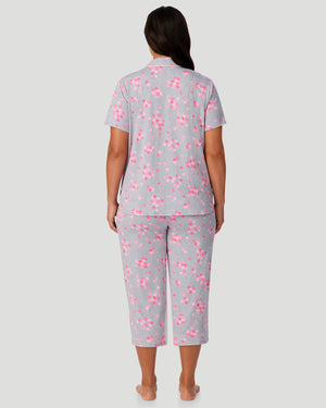 Cotton-Blend Short Sleeve Notch Collar With Cropped Pant Pajama Set PLUS