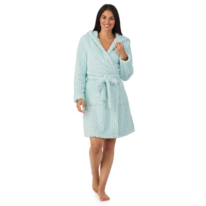 A lady wearing Cable Jacquard Sherpa Wrap Robe with Hood