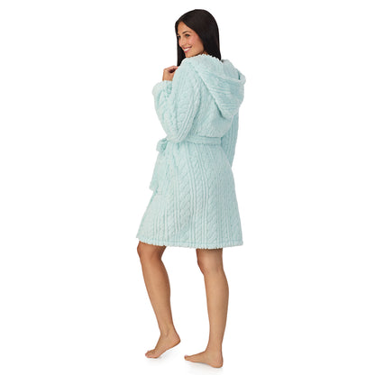A lady wearing Cable Jacquard Sherpa Wrap Robe with Hood