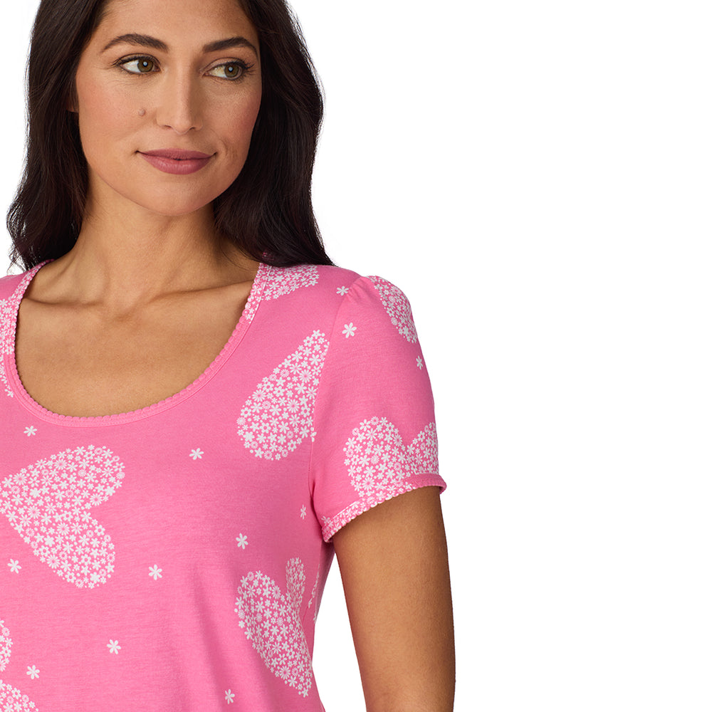 A lady wearing Cotton-Blend Short Sleeve Top with Cropped Pant with Scallop Detail 2-Pc Pajama Set in Ditsy Floral Print