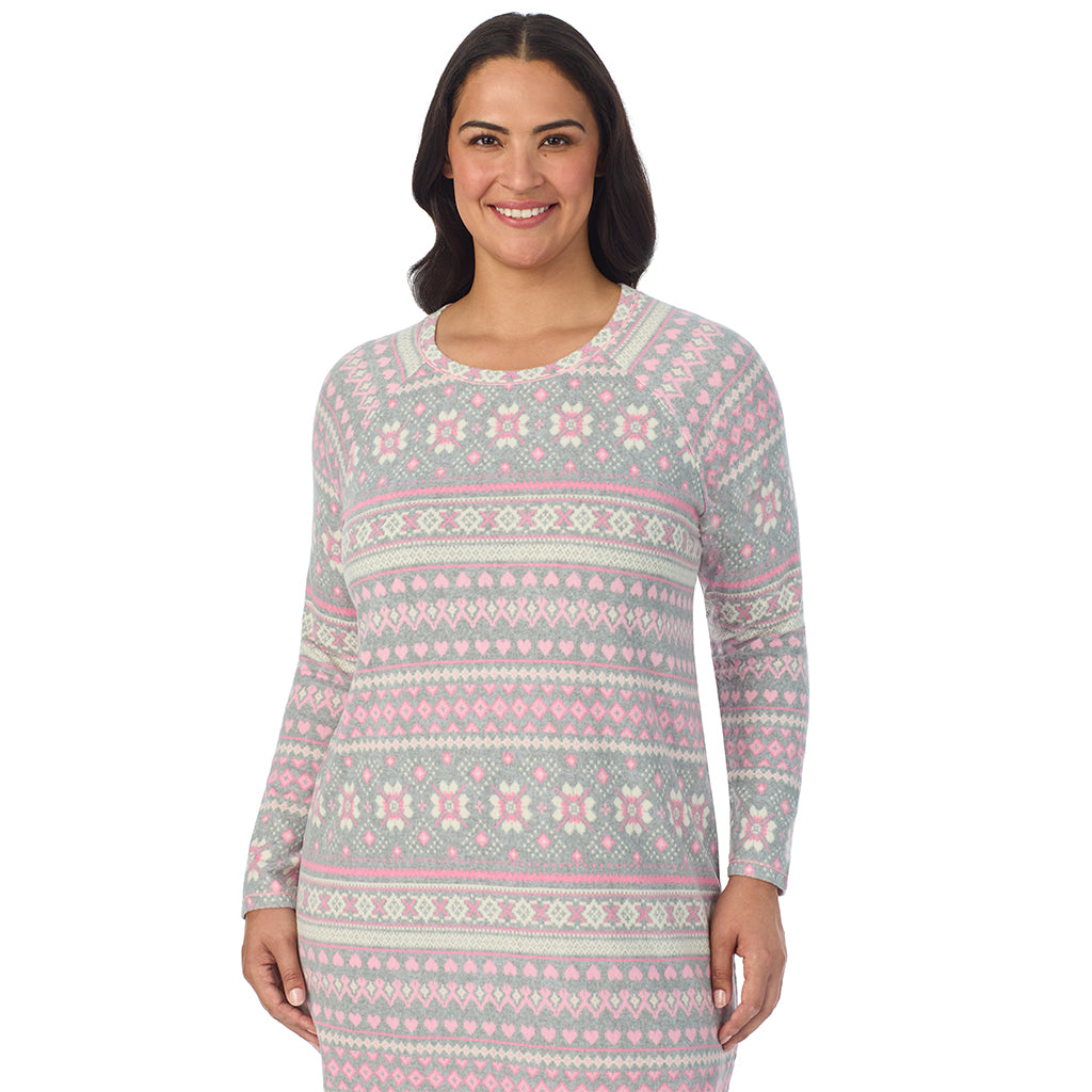 Grey Fairisle;Model is wearing size 1X. She is 5'10", Bust 40", Waist 33", Hips 47".@A lady wearing Grey Fairisle Brushed Sweater Knit Long Sleeve Sleepshirt PLUS