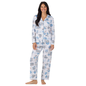 A lady wearing Cotton-Blend Long Sleeve Notch Collar with Long Pant Pajama Set in White Halloween looking front