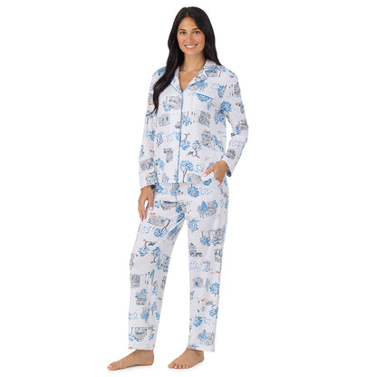 A lady wearing Cotton-Blend Long Sleeve Notch Collar with Long Pant Pajama Set White Halloween Landscape looking front