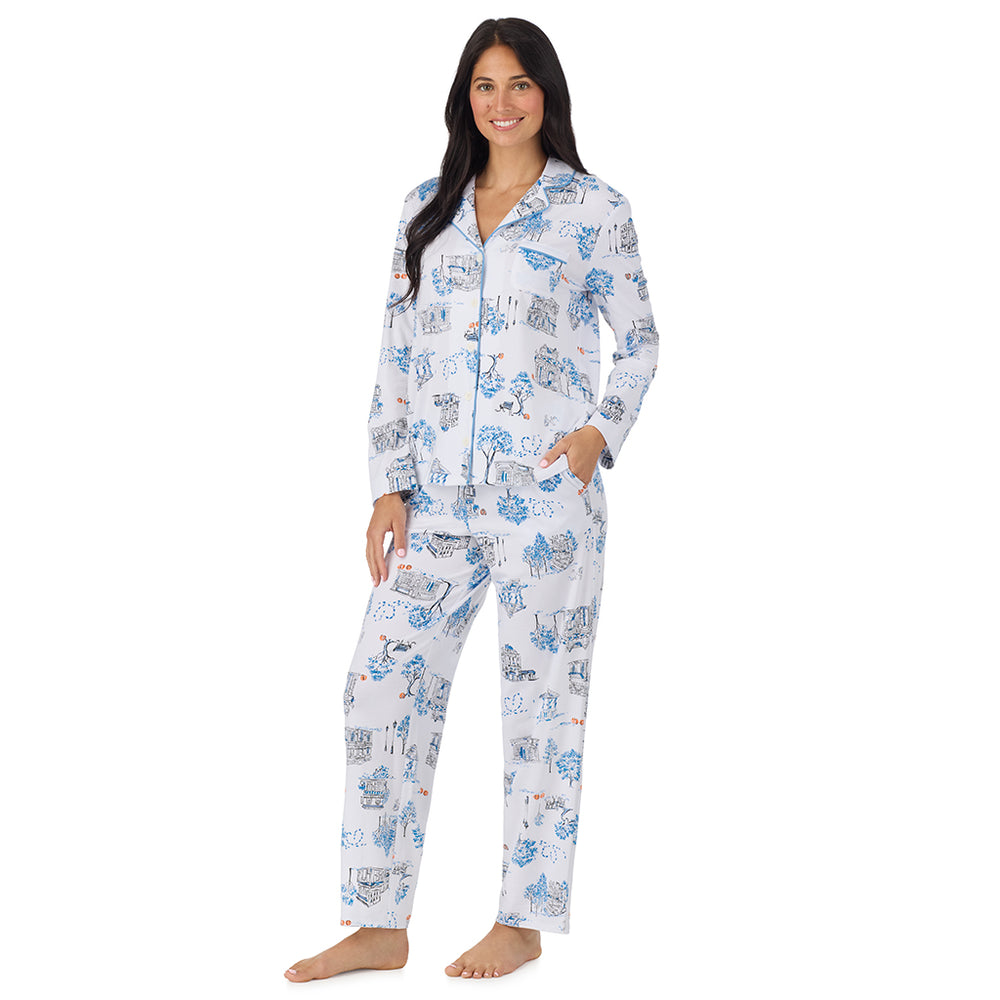 A lady wearing Cotton-Blend Long Sleeve Notch Collar with Long Pant Pajama Set in White Halloween