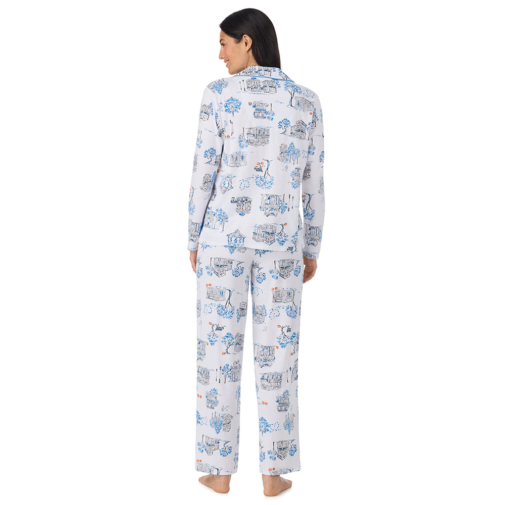 A lady wearing Cotton-Blend Long Sleeve Notch Collar with Long Pant Pajama Set in White Halloween back view