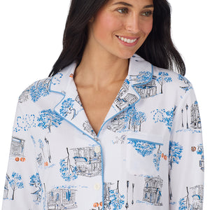 A lady wearing Cotton-Blend Long Sleeve Notch Collar with Long Pant Pajama Set in White Halloween closer look