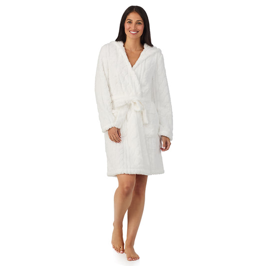A lady wearing Cable Jacquard Sherpa Wrap Robe with Hood
