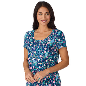 A lady wearing Cotton-Blend Short Sleeve Top with Cropped Pant with Scallop Detail 2-Pc Pajama Set in Dark Blue Owl