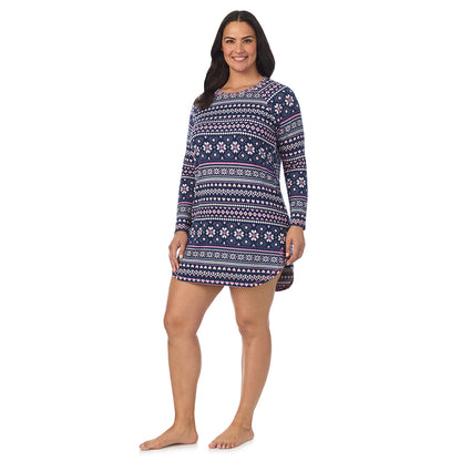 Navy Pink Fairisle;Model is wearing size 1X. She is 5'10", Bust 40", Waist 33", Hips 47".@A lady wearing Navy Pink Fairisle Brushed Sweater Knit Long Sleeve Sleepshirt PLUS