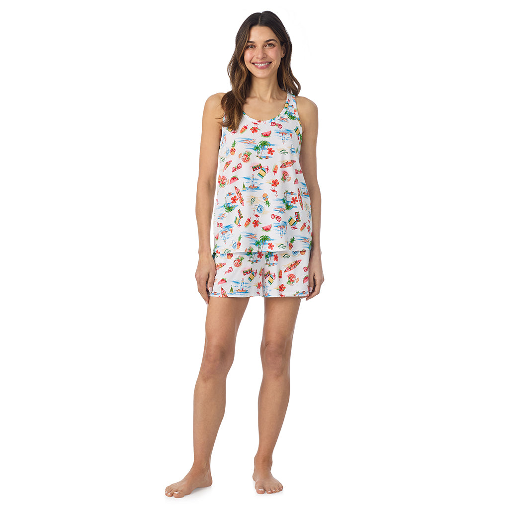 Summer Landscape; Model is wearing size S. She is 5’9”, Bust 34”, Waist 25.5”, Hips 36.5”. @ A lady wearing Cotton-Blend Tank with Short 2-Pc Pajama Set in Summer Landscape posing front view pose